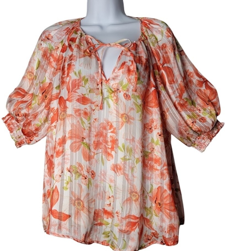 Joie Floral‎ Peasant Blouse Size M Peach Pink Boho Sheer Lined Boho Romantic